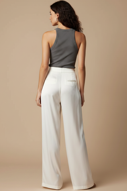 Pantalon Fluide Satiné Blanc Large Élégant Femme - vue 2