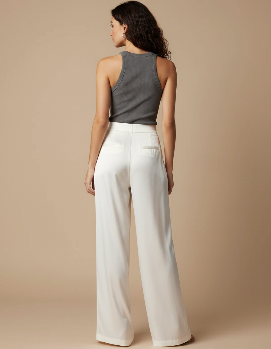 Pantalon Fluide Satiné Blanc Large Élégant Femme - vue 2