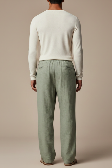 Pantalon Fluide Lin Vert Ample Décontracté Homme - vue 2