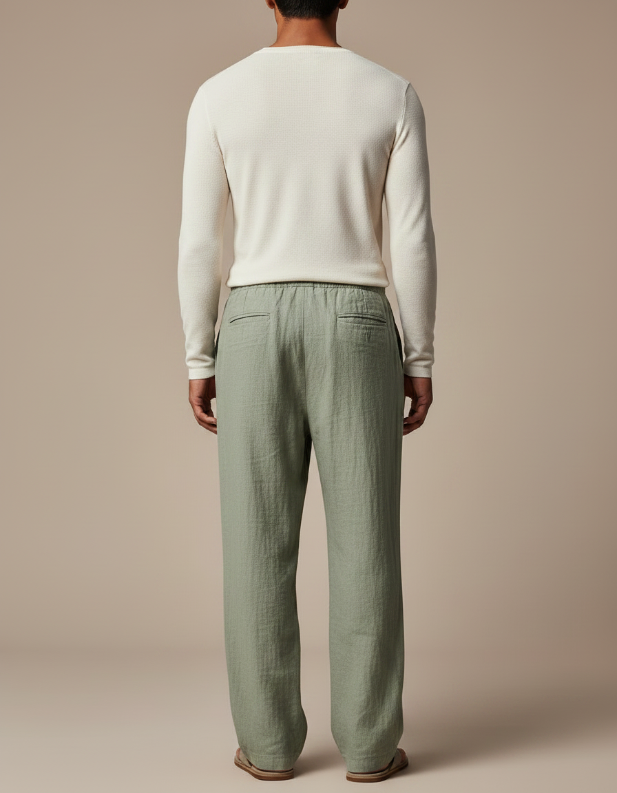 Pantalon Fluide Lin Vert Ample Décontracté Homme - vue 2