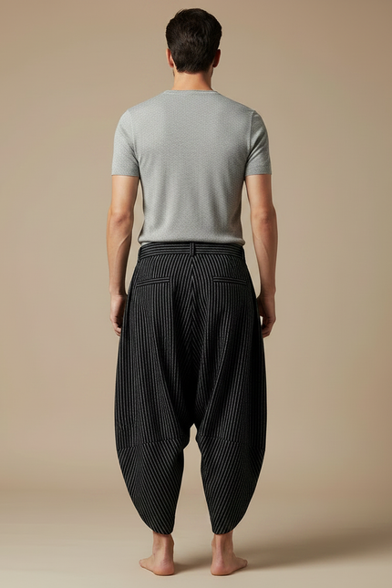 Pantalon Fluide Rayé Noir Harem Large Coton - vue 2