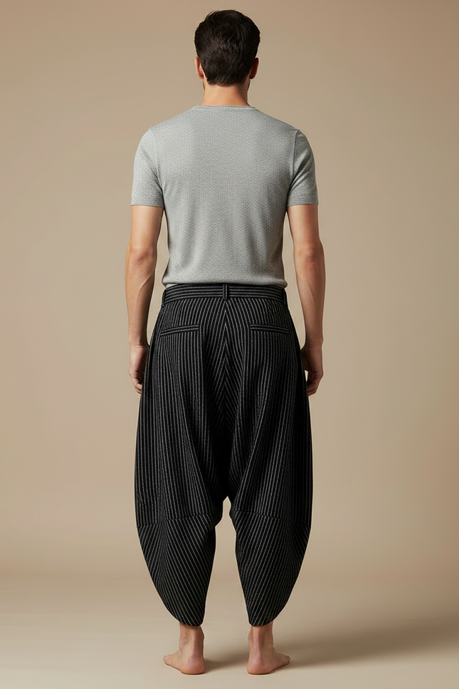 Pantalon Fluide Rayé Noir Harem Large Coton - vue 2