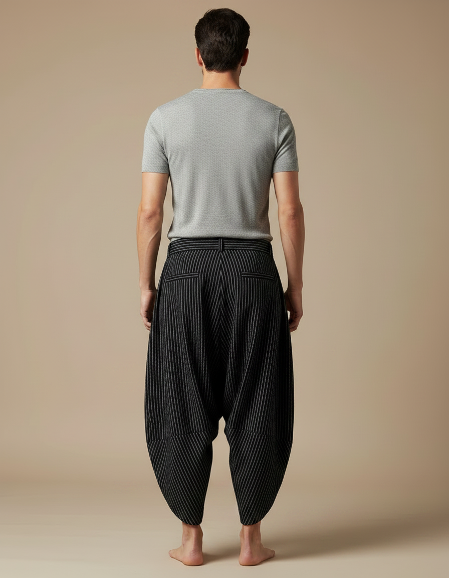 Pantalon Fluide Rayé Noir Harem Large Coton - vue 2