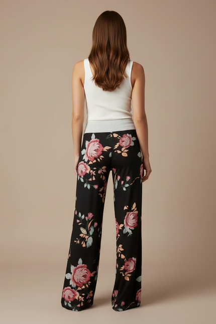 Pantalon Fluide Noir Ample Imprimé Floral Confortable - Viscose - vue 2