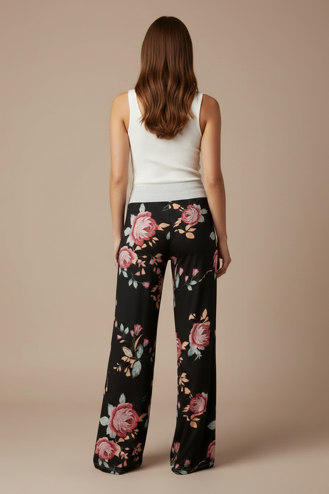 Pantalon Fluide Noir Ample Imprimé Floral Confortable - Viscose - vue 2