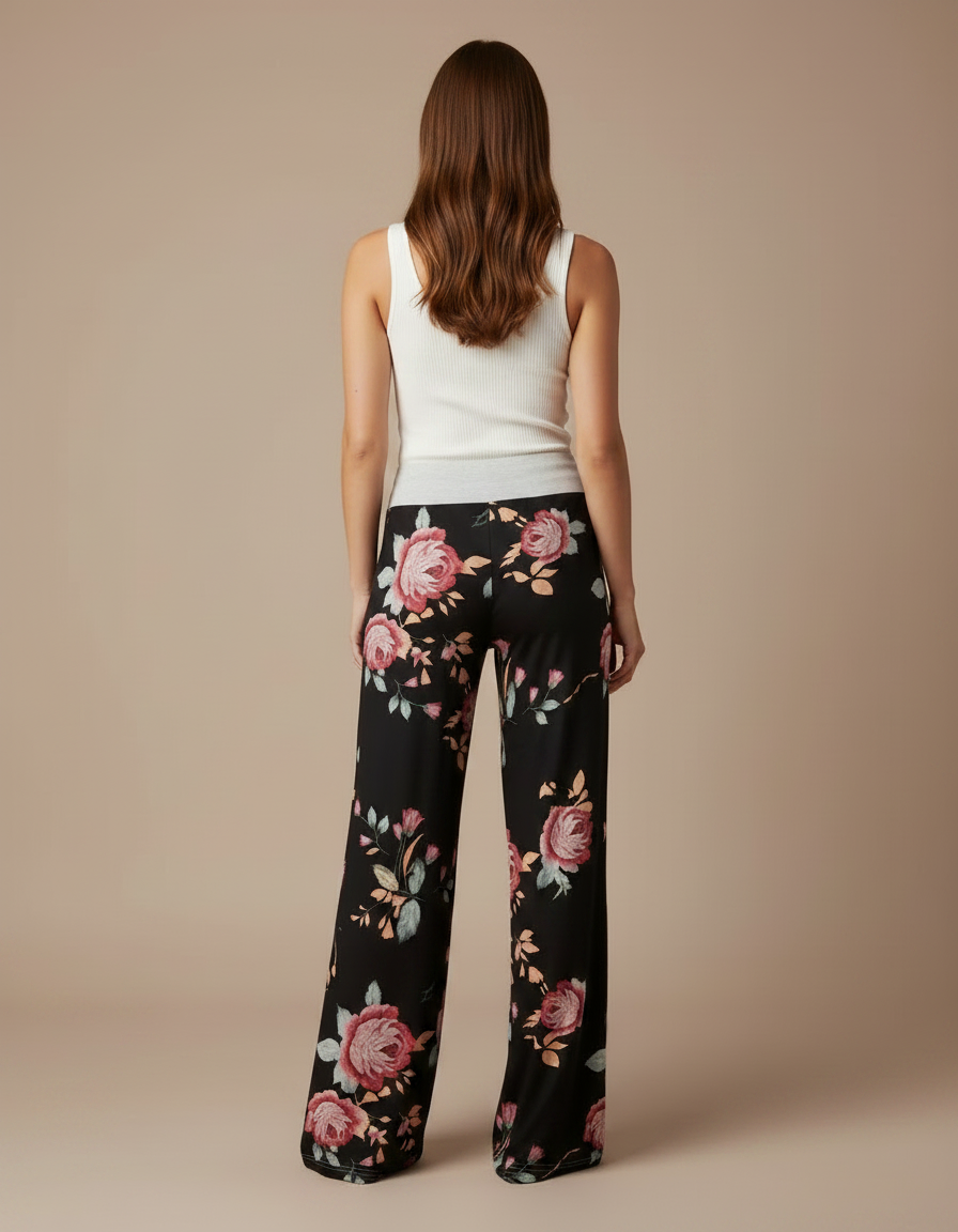 Pantalon Fluide Noir Ample Imprimé Floral Confortable - Viscose - vue 2