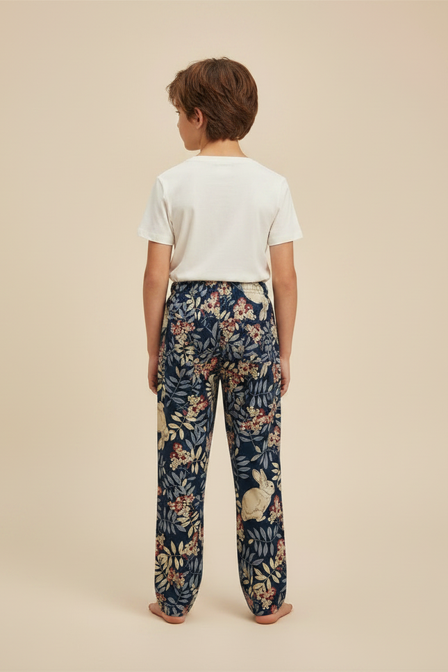 Pantalon Fluide Bleu Marine Imprimé Lapins Floral - Viscose - vue 2