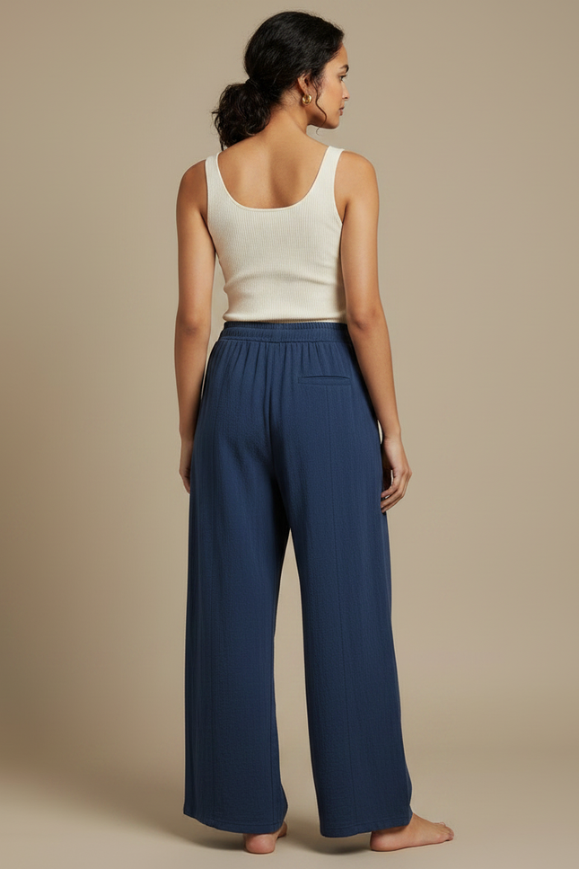 Pantalon Fluide Bleu Coton Ample Confortable Taille Élastique - vue 2
