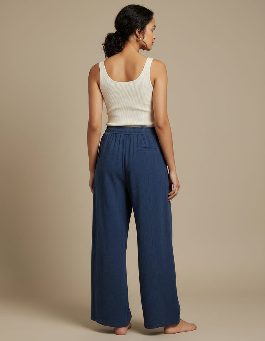 Pantalon Fluide Bleu Coton Ample Confortable Taille Élastique - vue 2