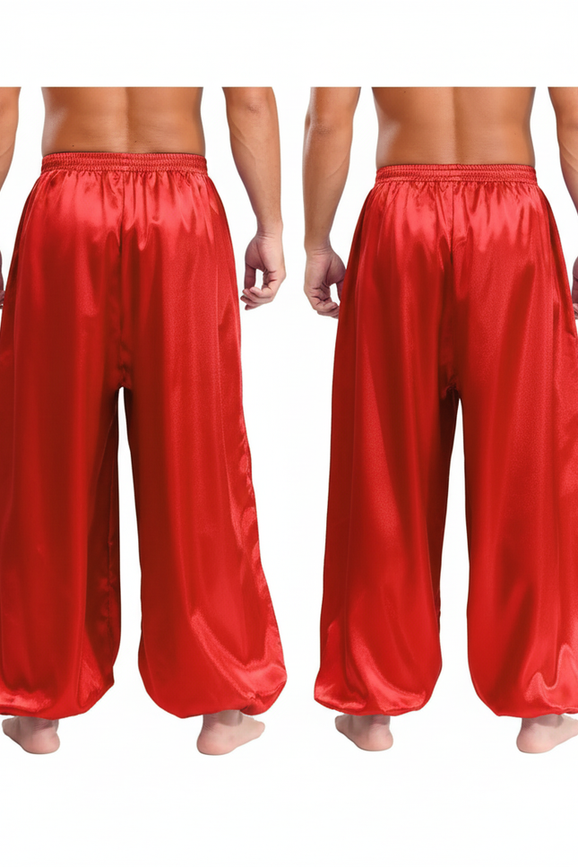 Pantalon Fluide Rouge Satiné Ample Élastique Scène