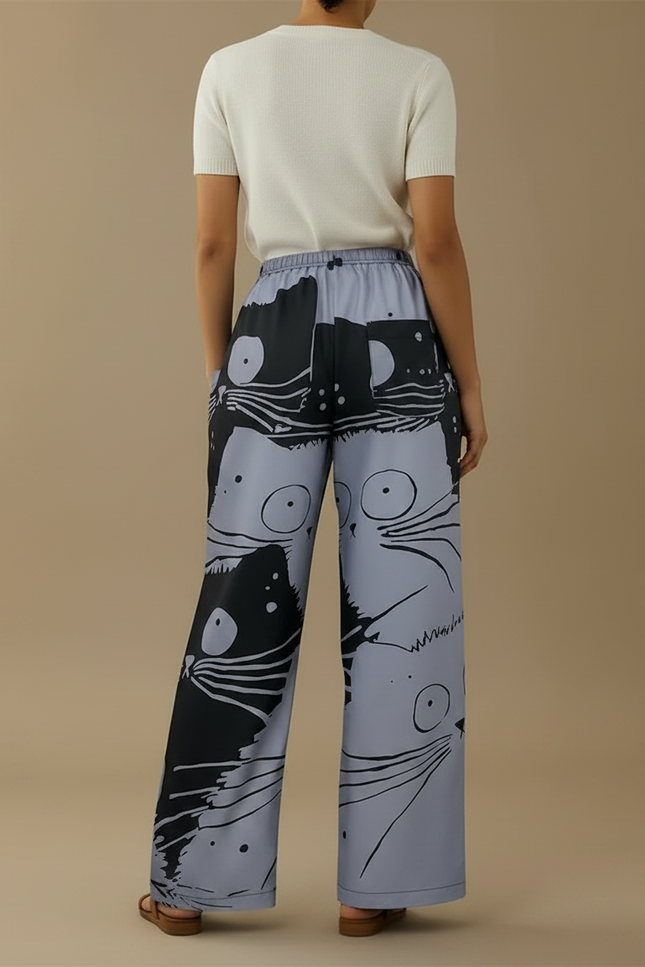 Pantalon Fluide Ample Imprimé Chats Noir Gris Décontracté - Polyester - vue 2