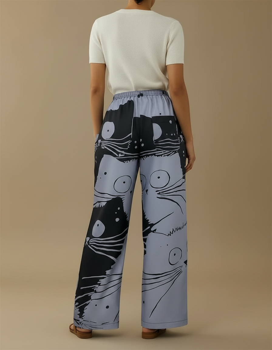 Pantalon Fluide Ample Imprimé Chats Noir Gris Décontracté - Polyester - vue 2