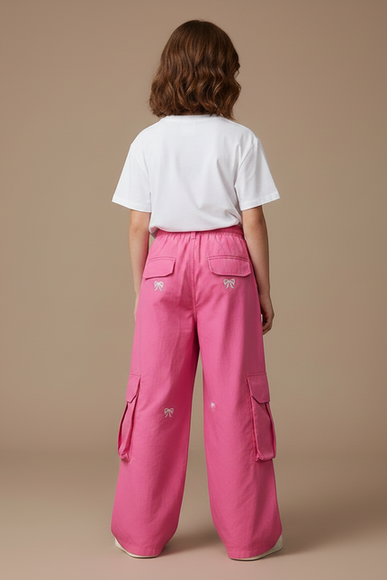 Pantalon Fluide Rose Cargo Ample Imprimé Nœuds Fille - Coton - vue 2