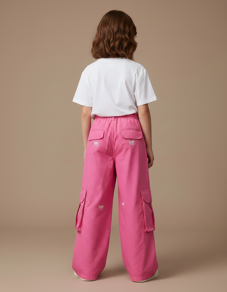 Pantalon Fluide Rose Cargo Ample Imprimé Nœuds Fille - Coton - vue 2