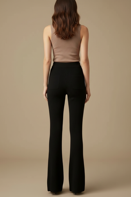 Pantalon Fluide Noir Côtelé Évasé Taille Haute Élégant - Maille - vue 2