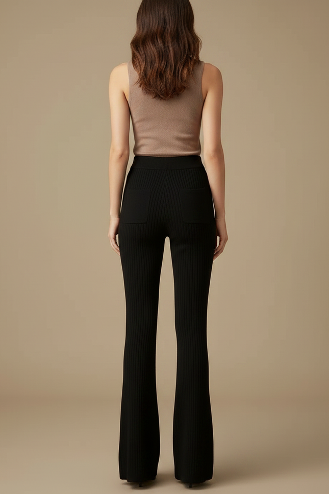 Pantalon Fluide Noir Côtelé Évasé Taille Haute Élégant - Maille - vue 2