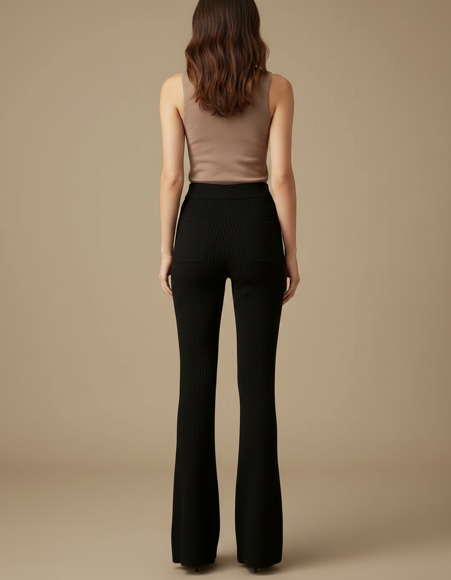 Pantalon Fluide Noir Côtelé Évasé Taille Haute Élégant - Maille - vue 2