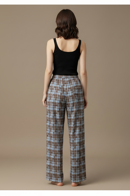 Pantalon Fluide Carreaux Plaid Marron Bleu Décontracté Ample - Multicolore Coton - vue 2