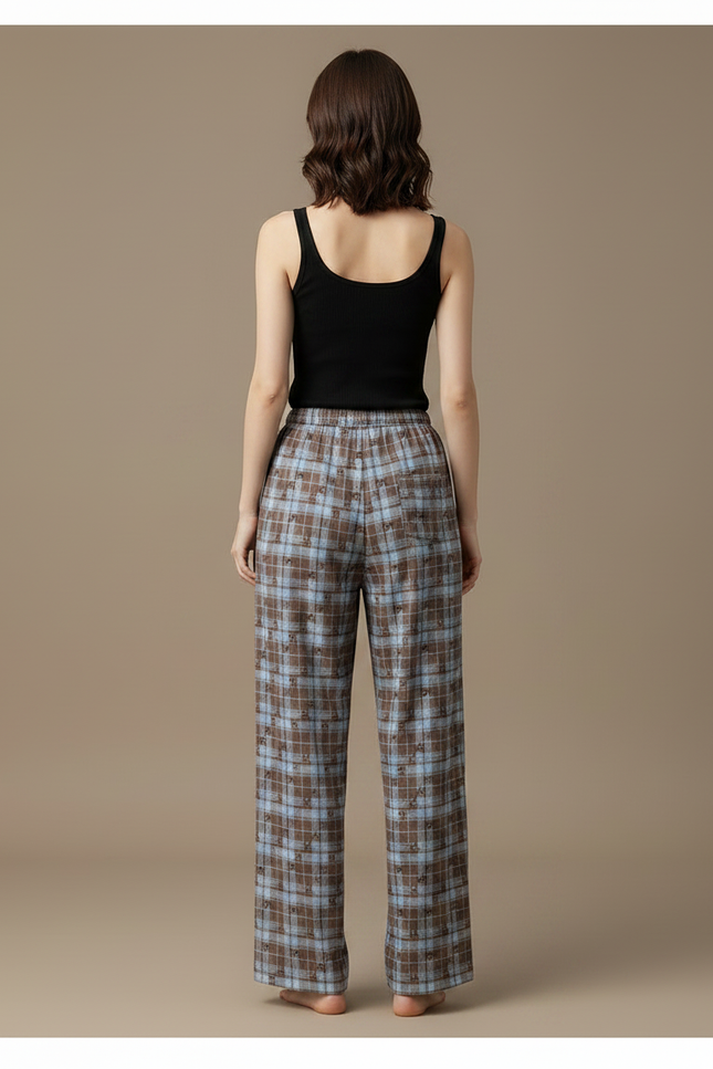 Pantalon Fluide Carreaux Plaid Marron Bleu Décontracté Ample - Multicolore Coton - vue 2