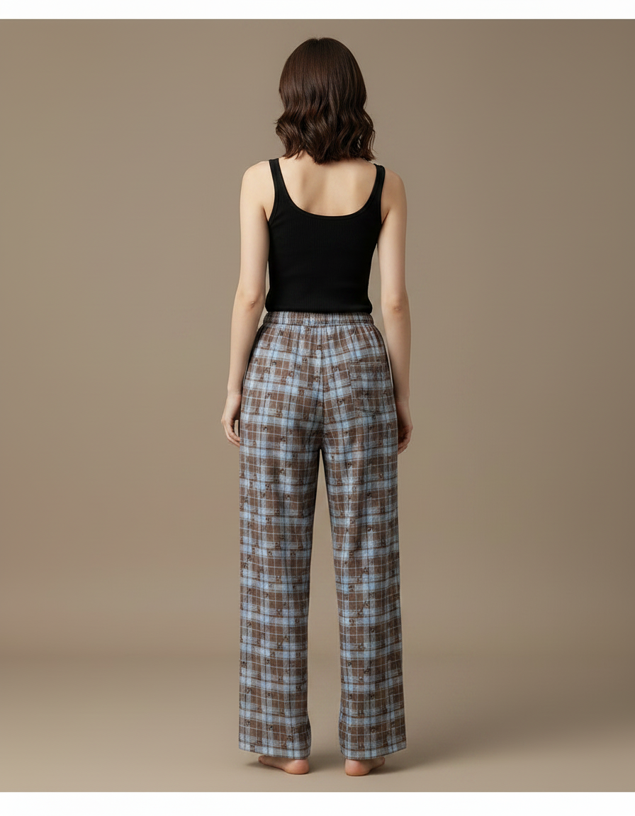 Pantalon Fluide Carreaux Plaid Marron Bleu Décontracté Ample - Multicolore Coton - vue 2