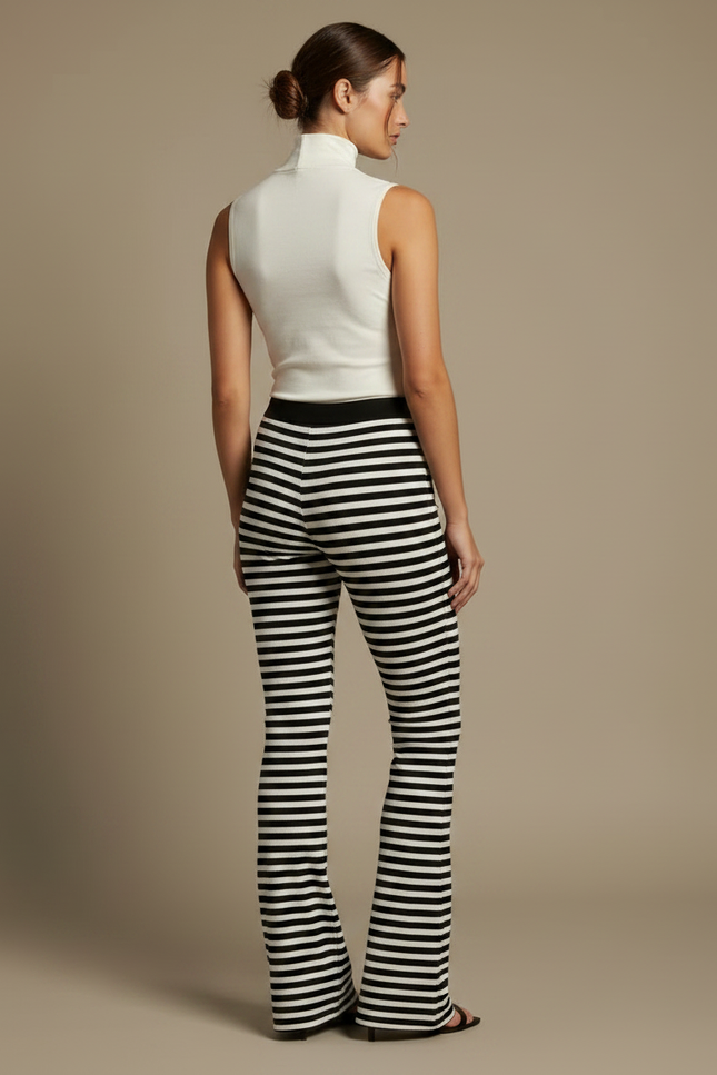 Pantalon Fluide Rayé Noir Blanc Évasé Moulant Femme - Multicolore Maille - vue 2