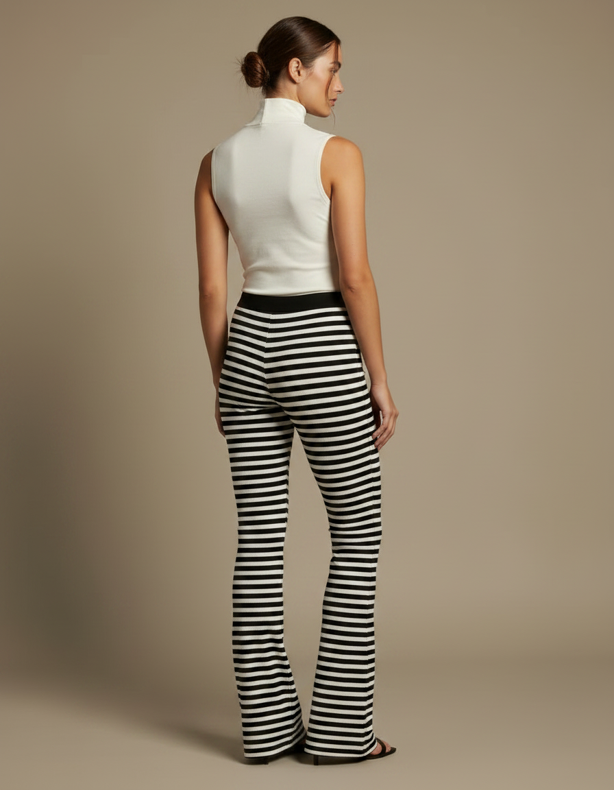Pantalon Fluide Rayé Noir Blanc Évasé Moulant Femme - Multicolore Maille - vue 2
