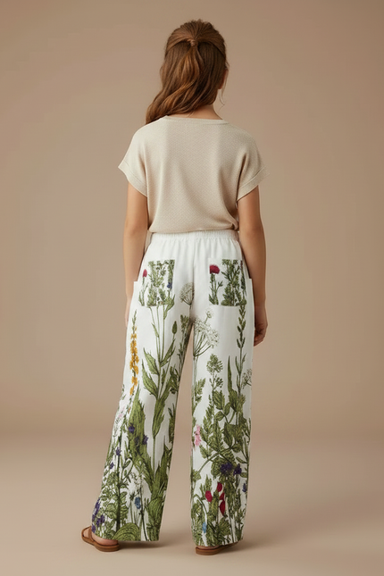 Pantalon Fluide Blanc Imprimé Floral Ample Confortable - Viscose - vue 2