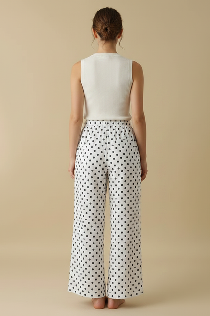 Pantalon Fluide Évasé Blanc À Pois Noirs Femme - Viscose - vue 2