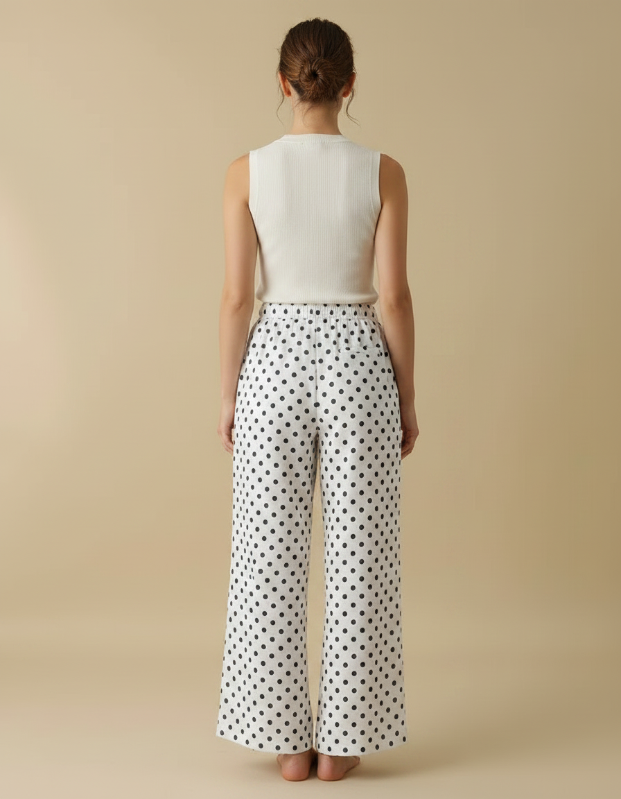 Pantalon Fluide Évasé Blanc À Pois Noirs Femme - Viscose - vue 2
