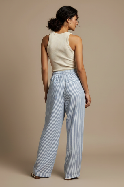 Pantalon Fluide Rayé Bleu Blanc Ample Décontracté - Multicolore Lin - vue 2