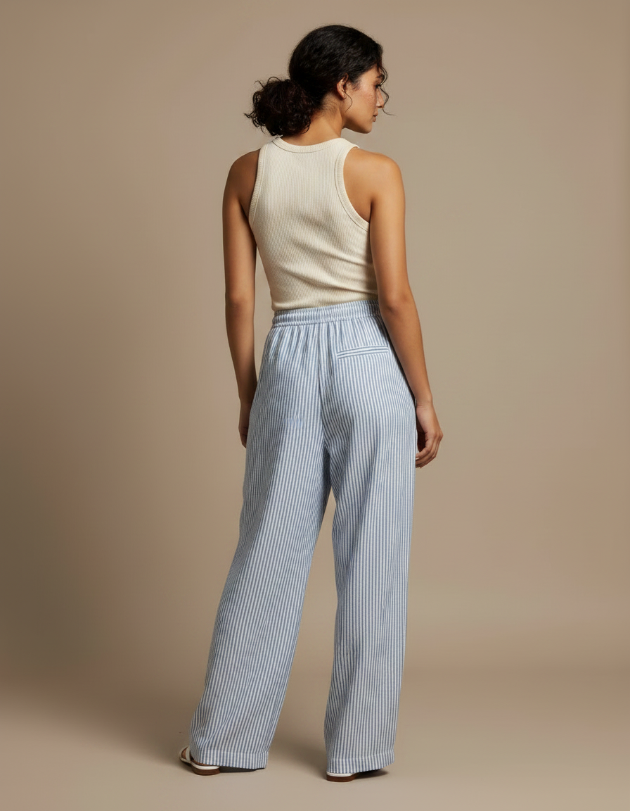 Pantalon Fluide Rayé Bleu Blanc Ample Décontracté - Multicolore Lin - vue 2