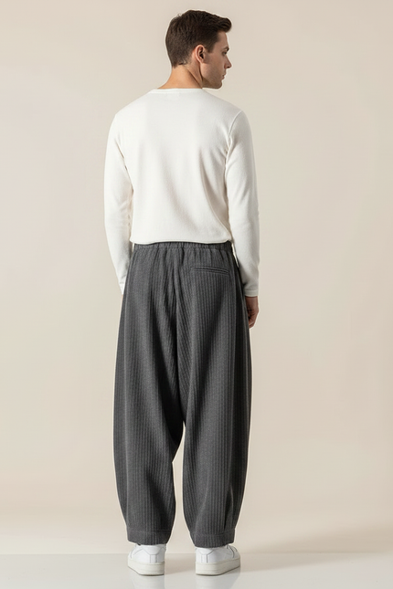 Pantalon Fluide Gris Côtelé Ample Homme Décontracté Harem - Cordé - vue 2