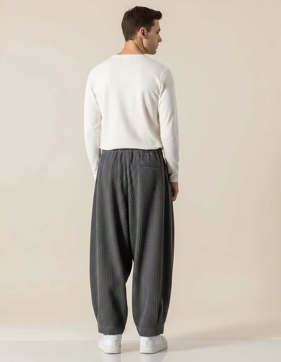 Pantalon Fluide Gris Côtelé Ample Homme Décontracté Harem - Cordé - vue 2