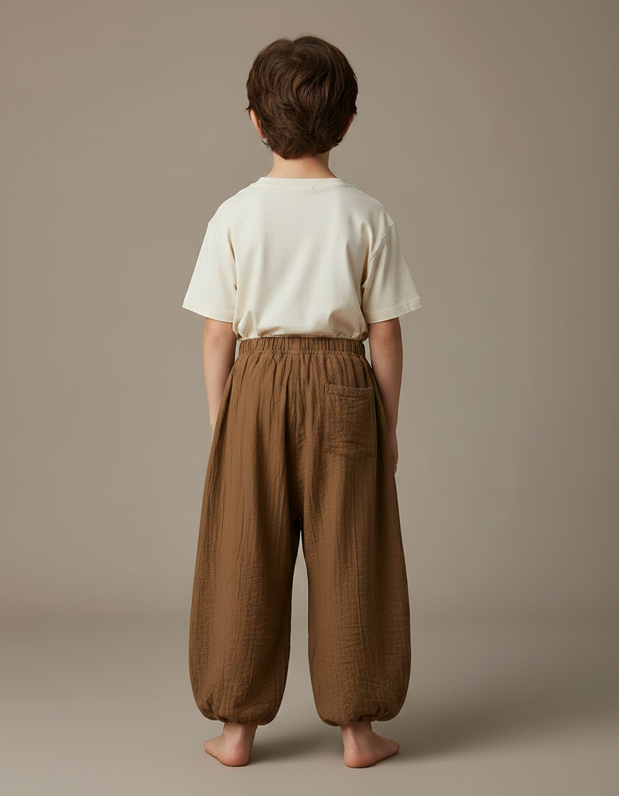 Pantalon Fluide Marron Coton Ample Décontracté Enfant Garçon Fille - vue 2