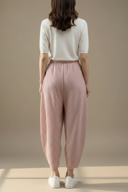 Pantalon Fluide Plissé Rose Ample Confortable Décontracté - Polyester - vue 2