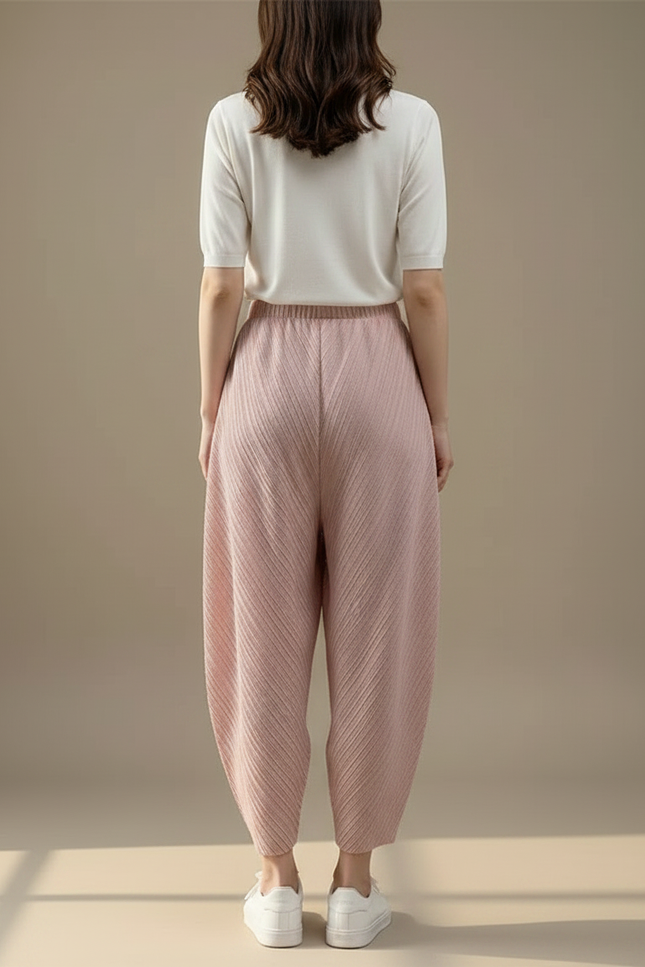 Pantalon Fluide Plissé Rose Ample Confortable Décontracté - Polyester - vue 2