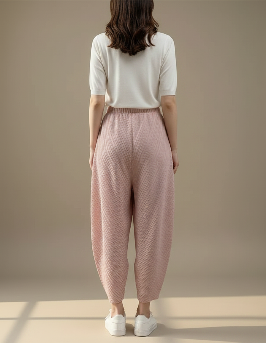 Pantalon Fluide Plissé Rose Ample Confortable Décontracté - Polyester - vue 2