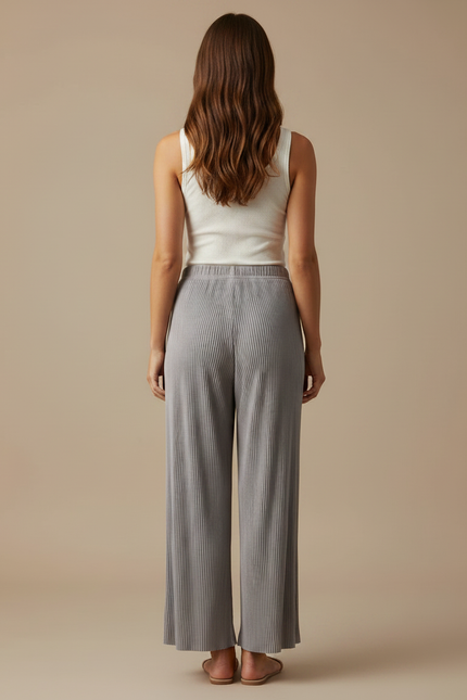 Pantalon Fluide Plissé Gris Ample Décontracté Femme - Polyester - vue 2