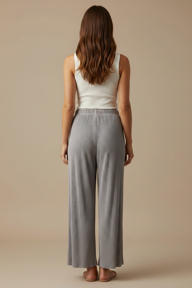 Pantalon Fluide Plissé Gris Ample Décontracté Femme - Polyester - vue 2