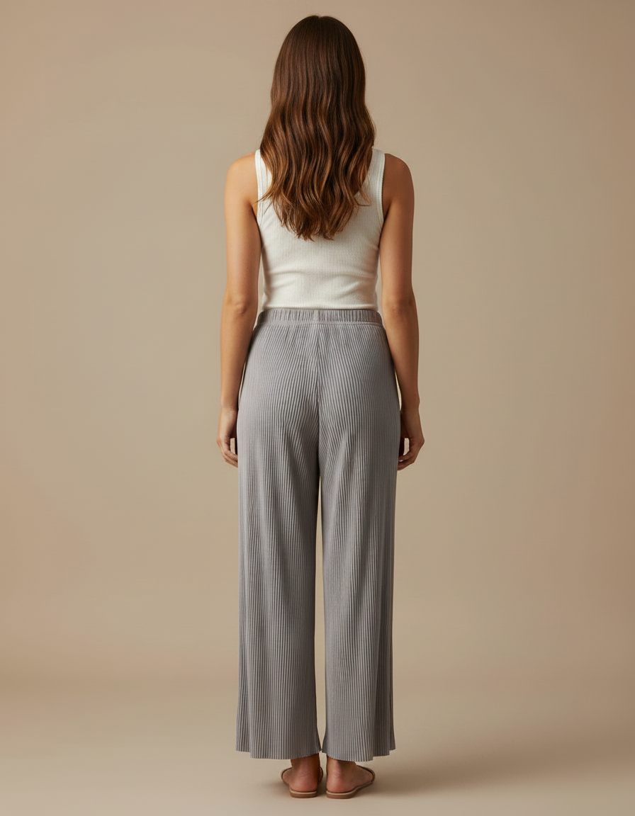 Pantalon Fluide Plissé Gris Ample Décontracté Femme - Polyester - vue 2
