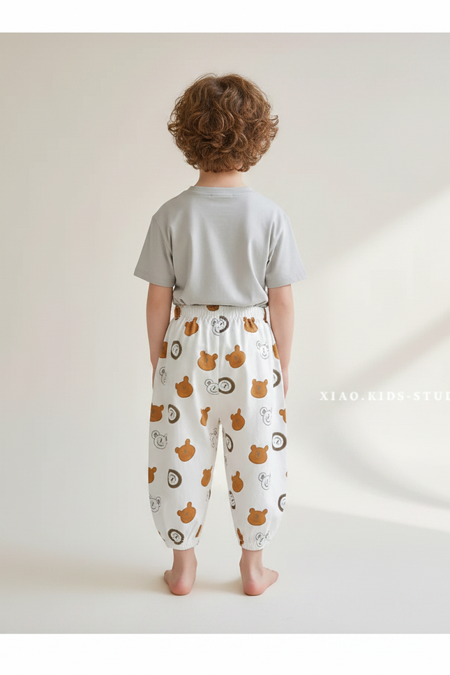 Pantalon Fluide Écru Imprimé Oursons Ample Coton Enfant - vue 2