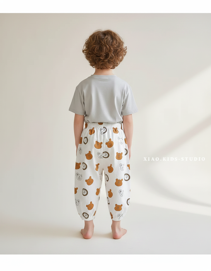 Pantalon Fluide Écru Imprimé Oursons Ample Coton Enfant - vue 2