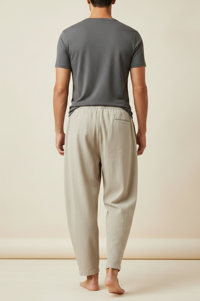 Pantalon Fluide Beige Coton Ample Cordon Décontracté Homme - Lin - vue 2