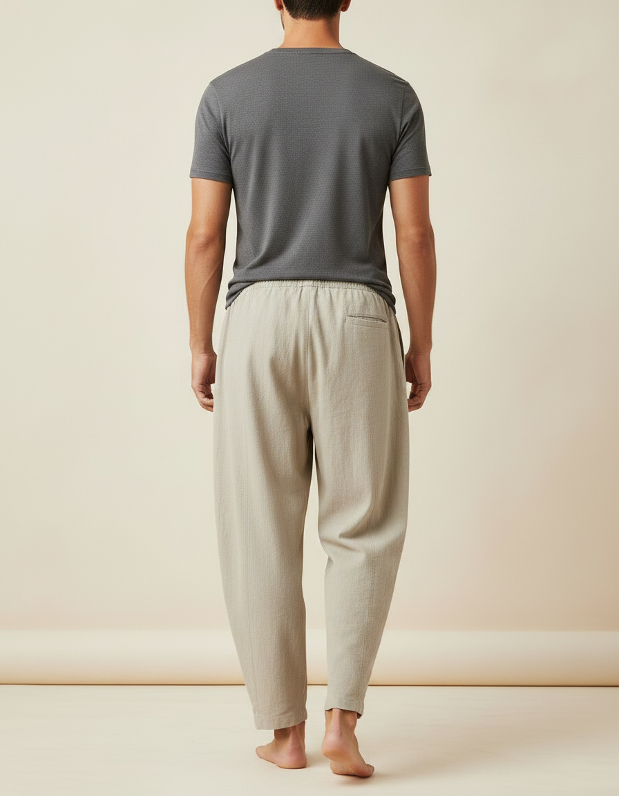 Pantalon Fluide Beige Coton Ample Cordon Décontracté Homme - Lin - vue 2