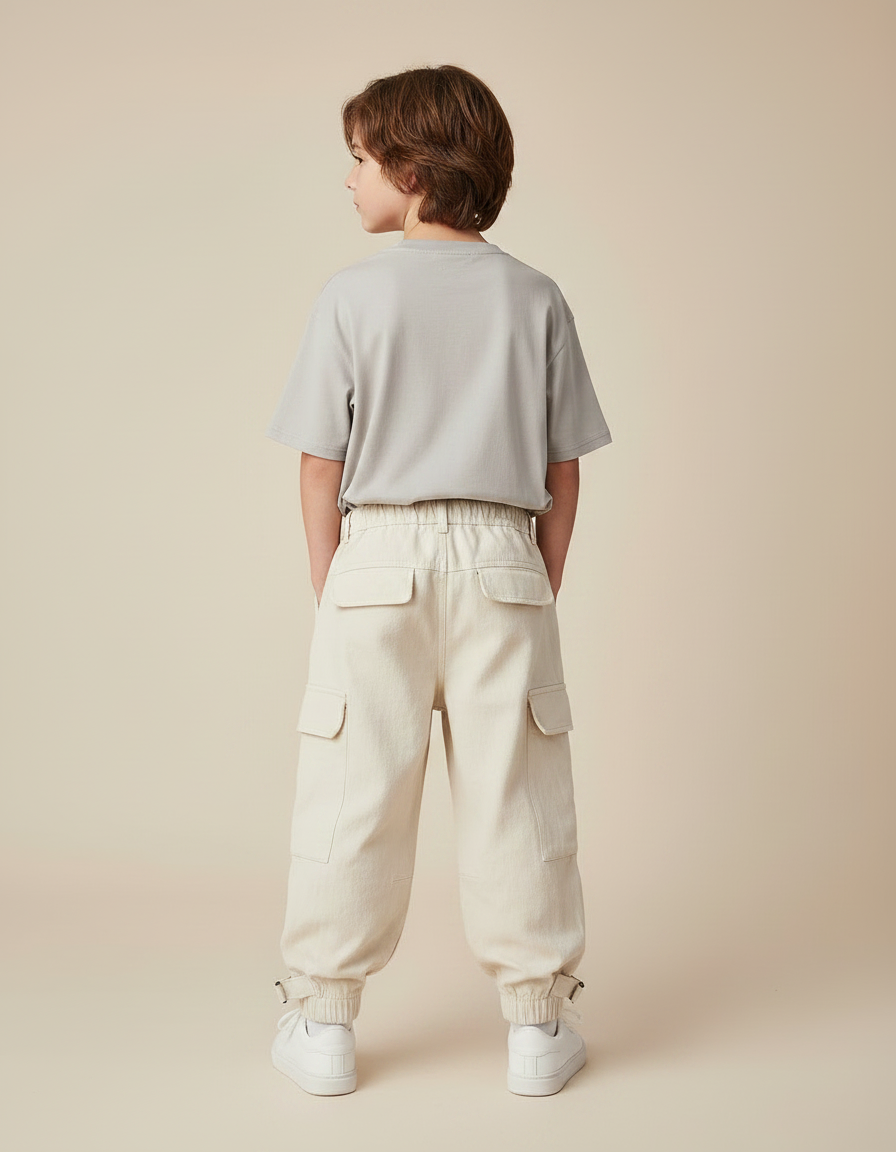 Pantalon Fluide Cargo Ample Crème Décontracté Garçon - Beige Toile - vue 2