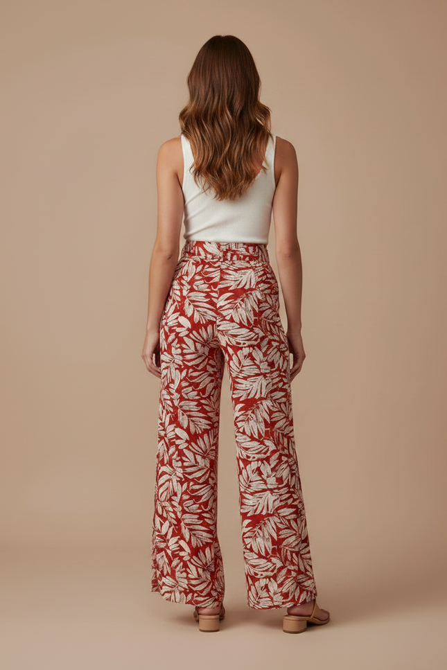 Pantalon Fluide Rouge Imprimé Tropical Fendu Bohème - Viscose - vue 2