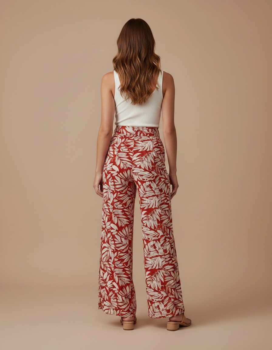 Pantalon Fluide Rouge Imprimé Tropical Fendu Bohème - Viscose - vue 2