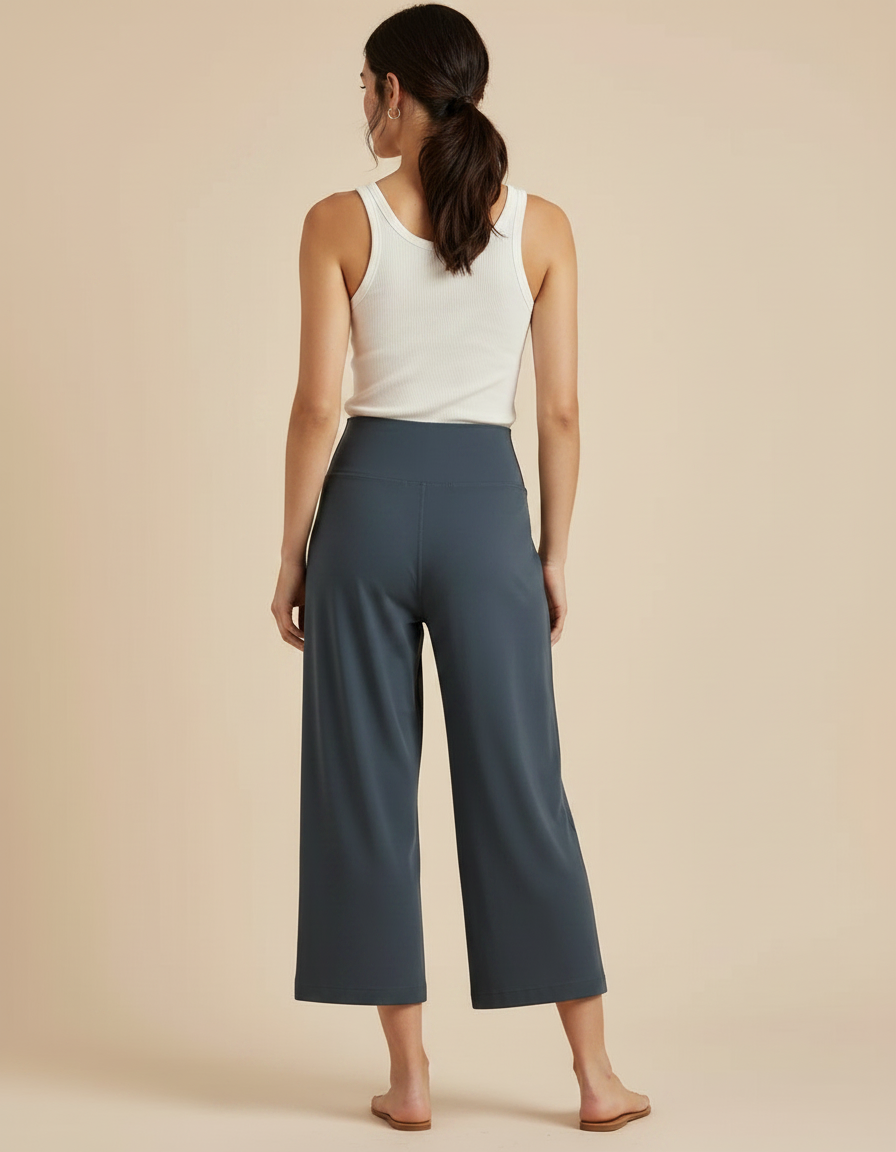 Pantalon Fluide Gris Ample Décontracté Élastique Court Femme - Viscose - vue 2