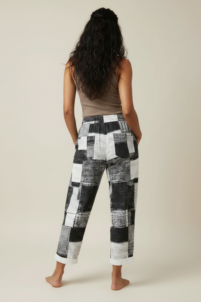Pantalon Fluide Imprimé Géométrique Noir Blanc Ample Décontracté - Viscose - vue 2