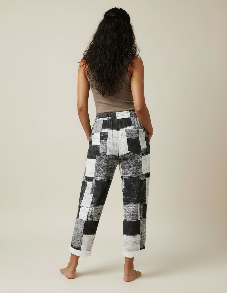 Pantalon Fluide Imprimé Géométrique Noir Blanc Ample Décontracté - Viscose - vue 2